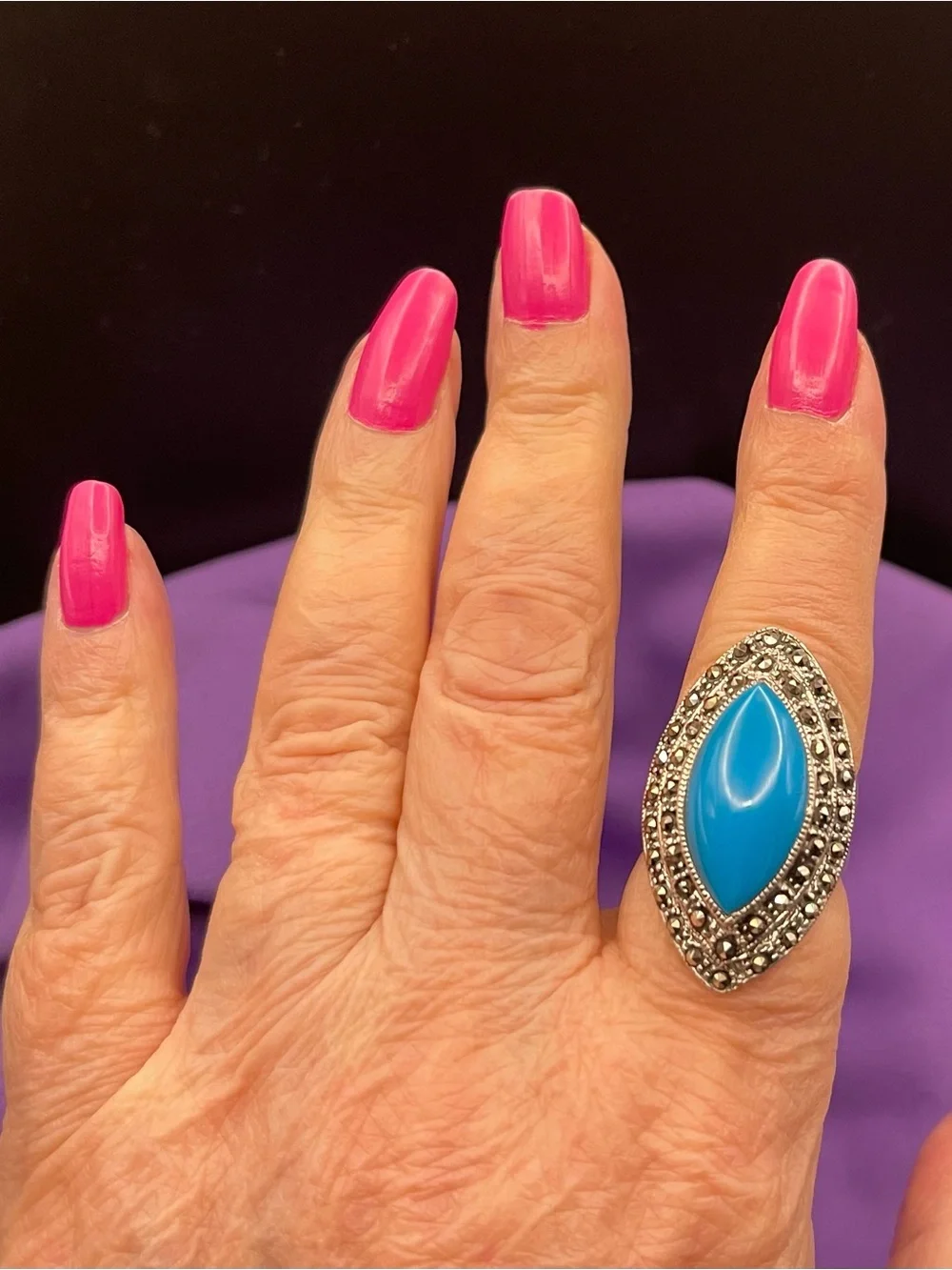 Vtg .925 SS Turquoise Marcacite Very Large Statement Cocktail ring sz 7.5 /10.2g